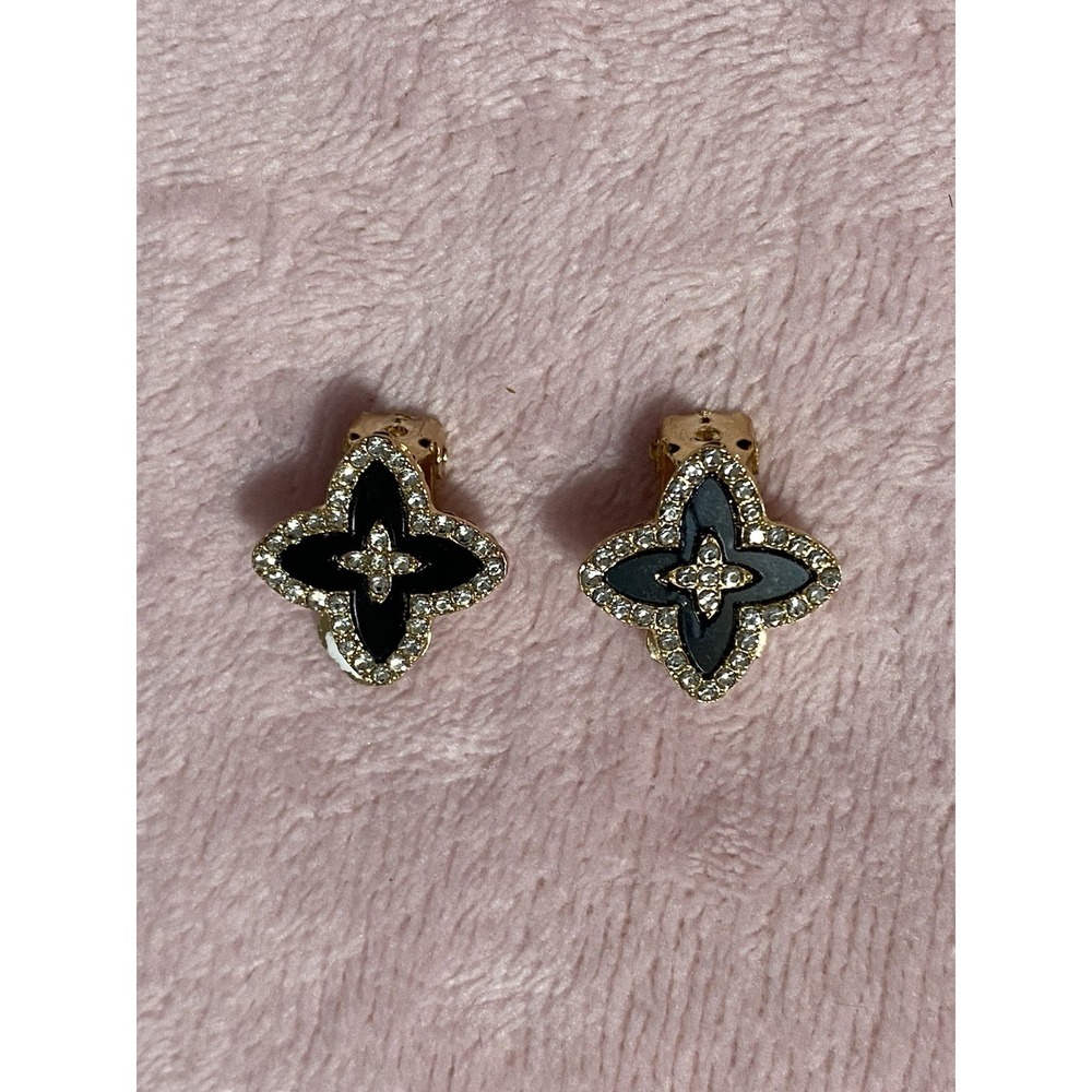 NWT Black & Clear Rhinestone Clip Leaf Clover Earrings Gold Tone By Nicole
